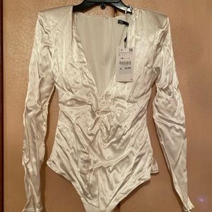 White silk v neck bodysuit